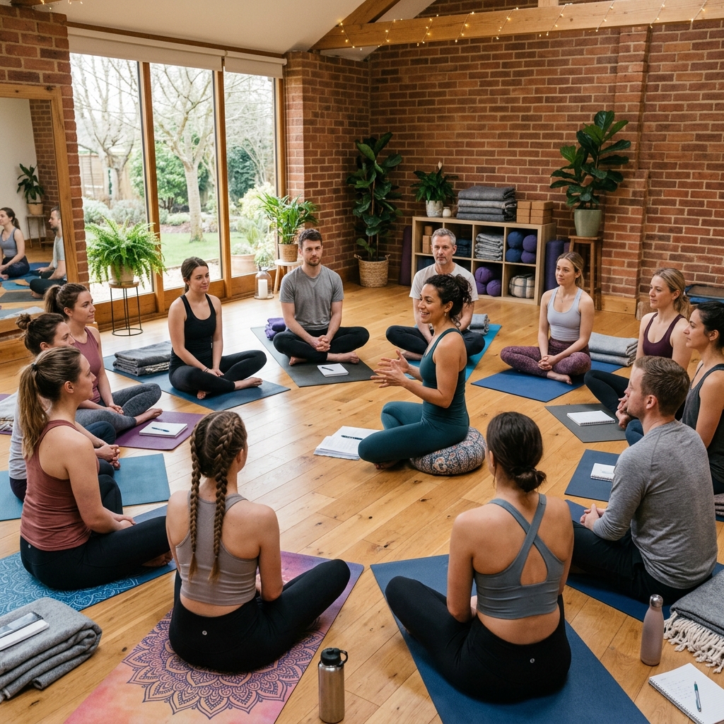 Trainees sitting in a circle in a warm studio listening to an instructor.
