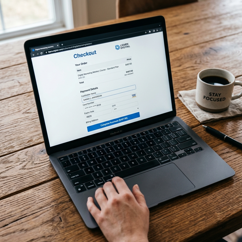 A laptop showing a checkout page for an online training course on a wooden table.